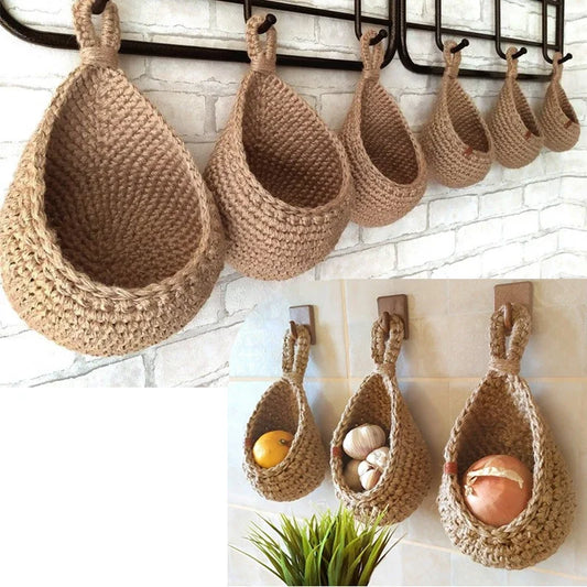 Natural Jute Woven Teardrop Wall Hanging Basket for Fruits and Vegetables 