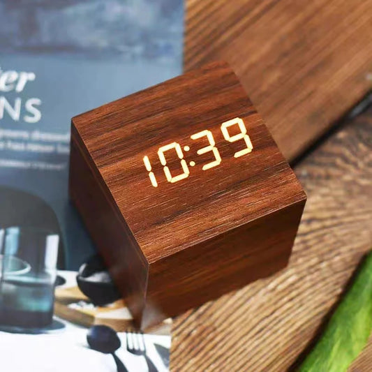 Modern Wooden Digital Alarm Clock with Temperature Cube 