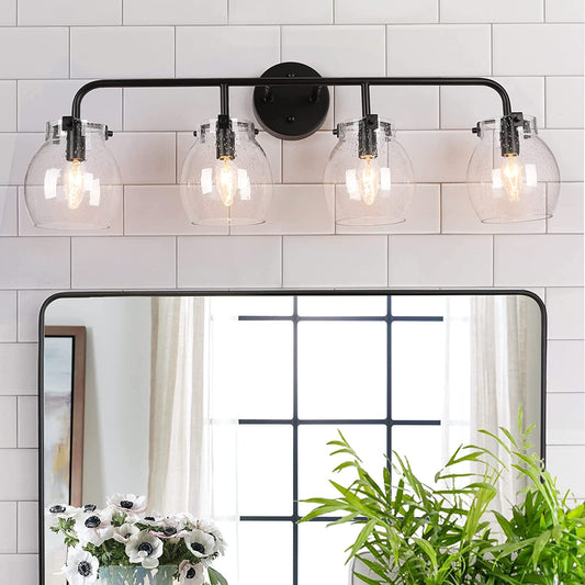 Contemporary Farmhouse Bathroom Light Fixtures, Black Vanity Lights for Bathroom Mirror, 4-Light Vanity Lighting with Seeded Glass Shade