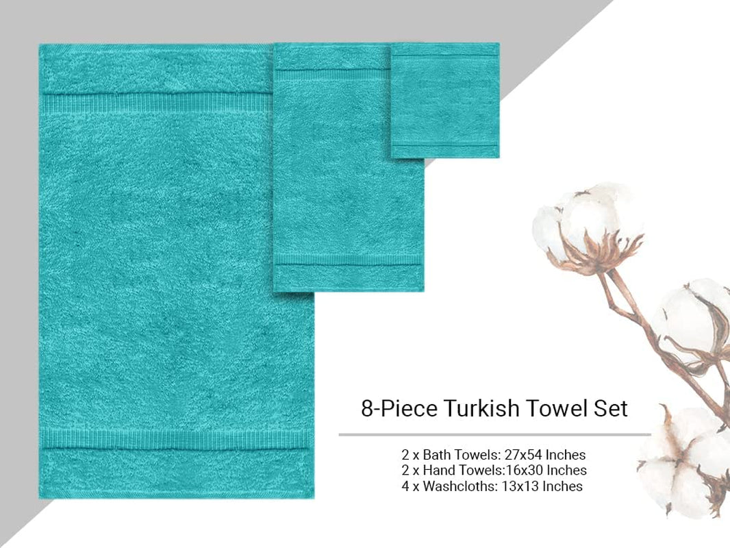 "Luxurious Aqua Blue Turkish Cotton Towel Set - 8-Piece Bundle of Super Soft and Ultra Absorbent Towels"