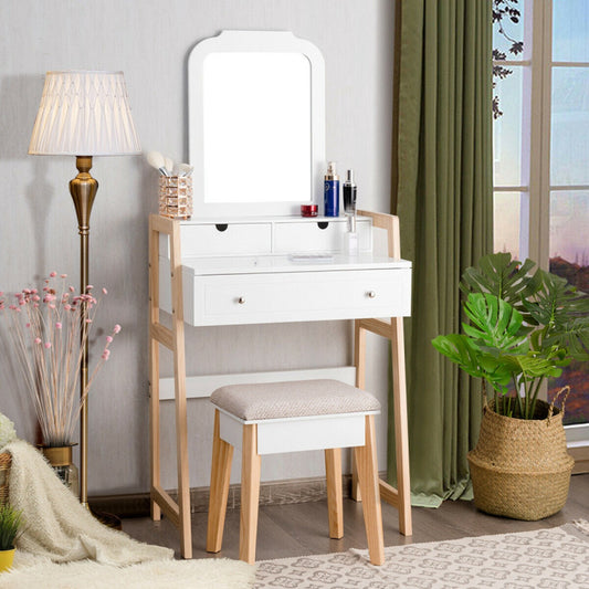 Professional Title: "Elegant Vanity Table Set with Comfortable Cushioned Stool and Expansive Mirror"