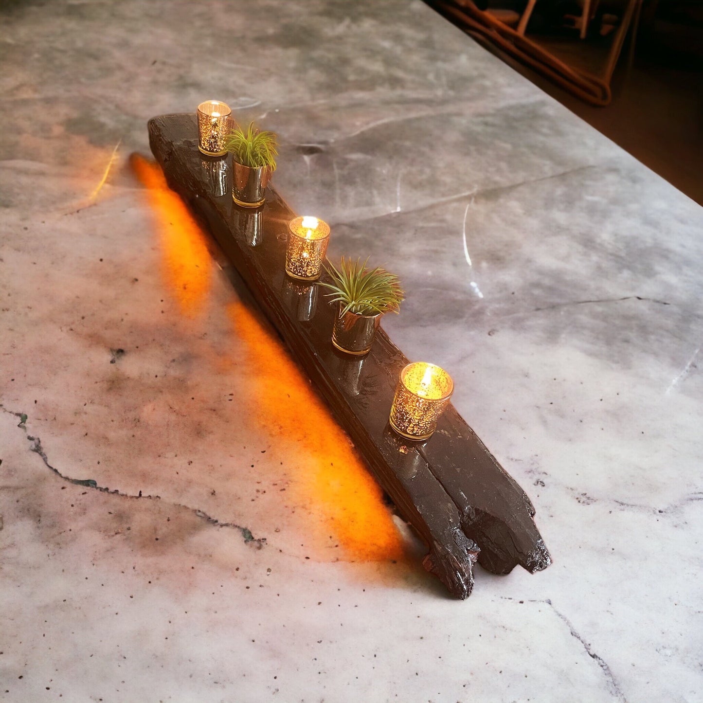 Extra large driftwood centerpiece with mercury gold candle sconces - rituel