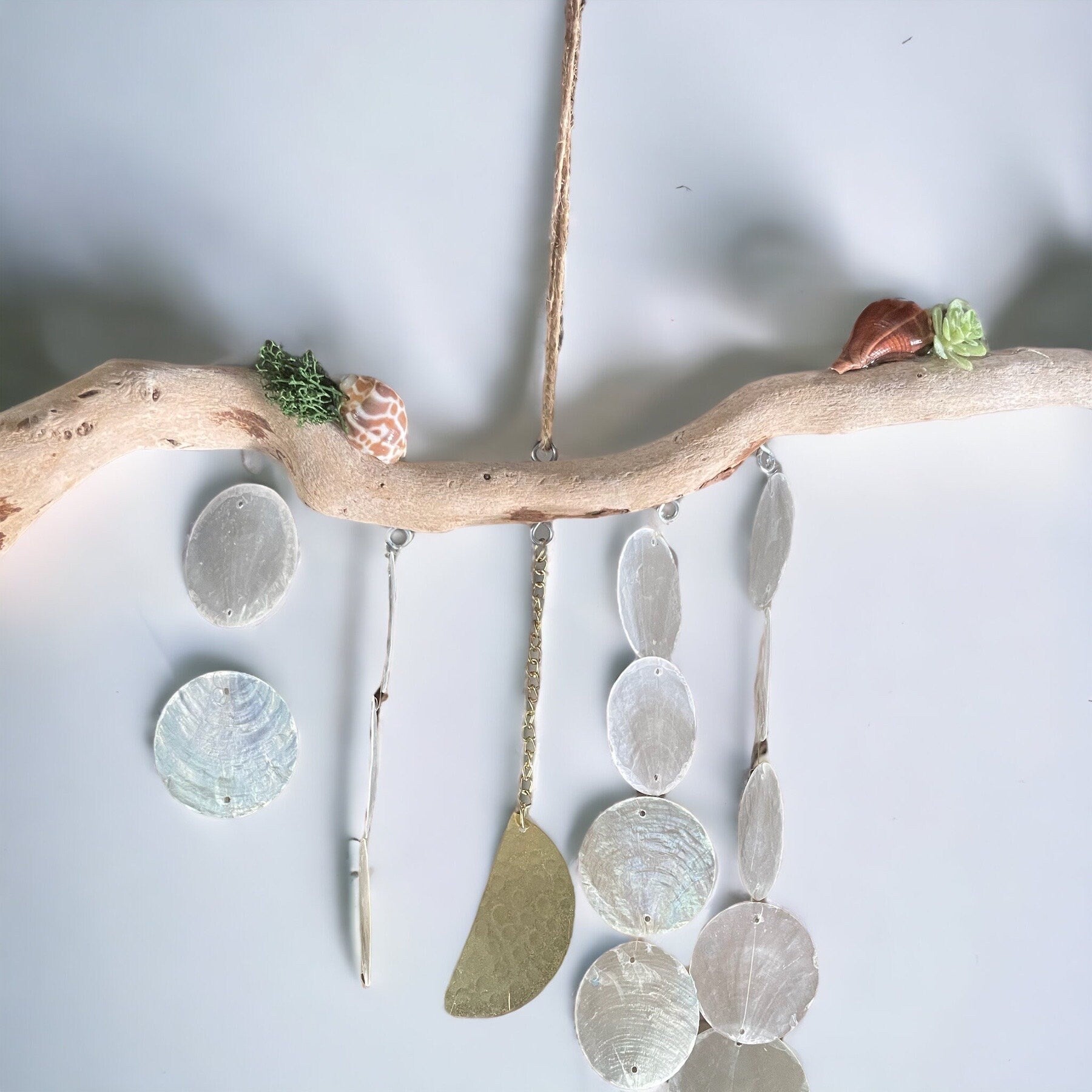 Driftwood and Capiz shell wind chime with gold moon charm - rituel