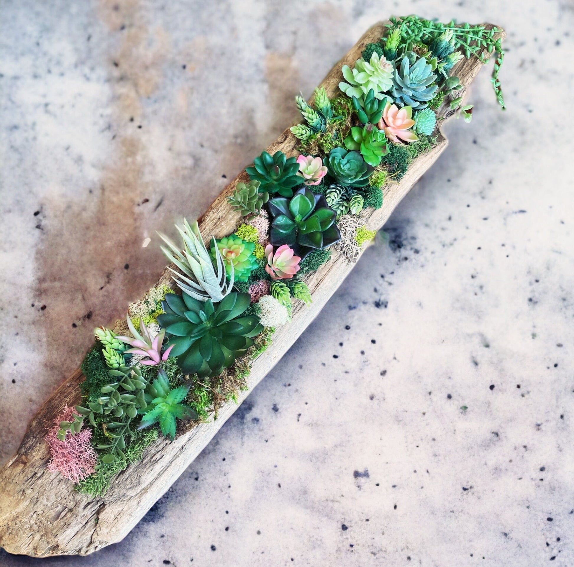 Handmade driftwood centerpiece with faux succulents and moss - rituel