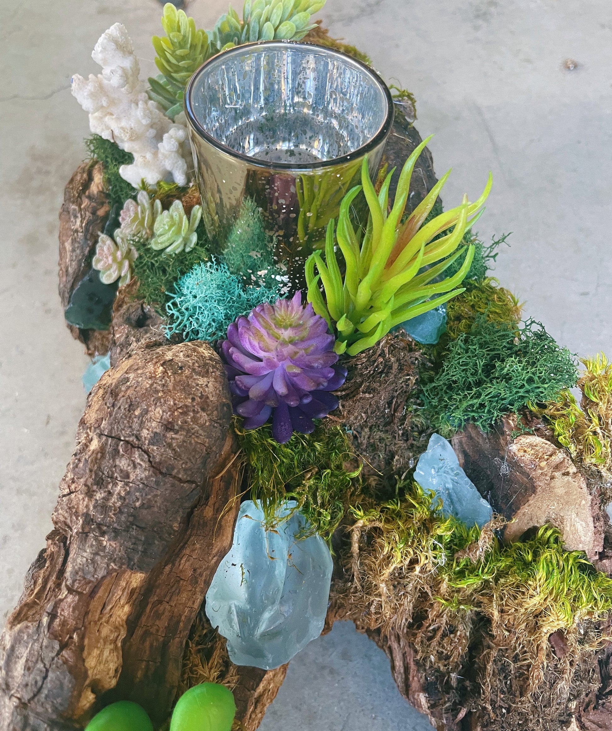 Driftwood centerpiece with faux succulents and Mercury glass candle votive - rituel