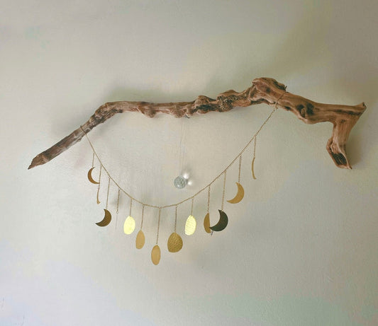 Large Boho driftwood wall hanging with sun catcher crystal and gold moons - rituel