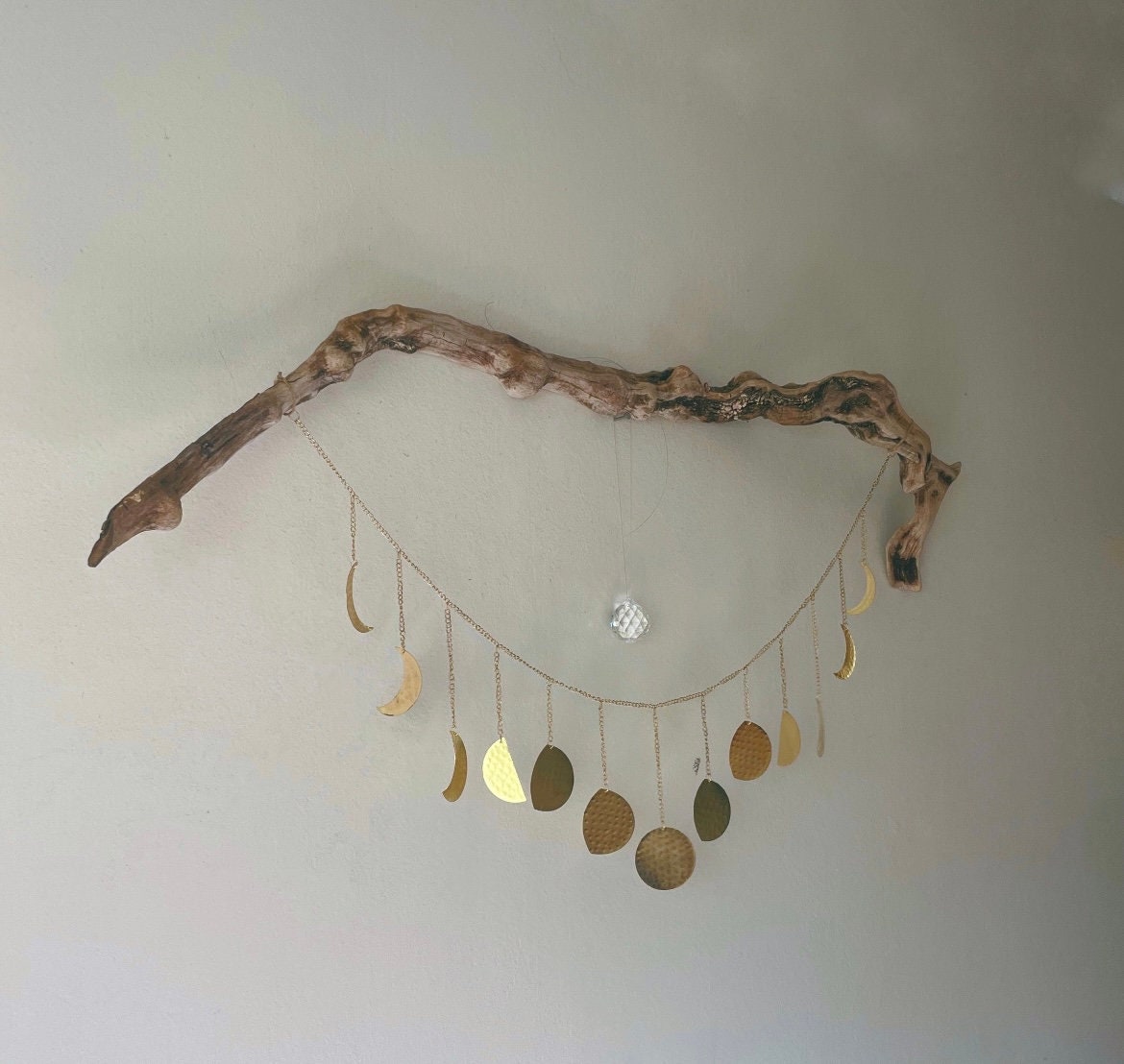 Large Boho driftwood wall hanging with sun catcher crystal and gold moons - rituel